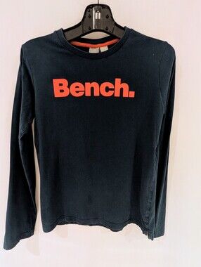 Youth Bench Navy Long-Sleeve  T-Shirt with Orange Logo Size 13-14